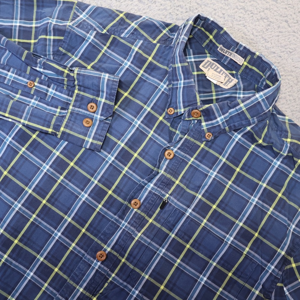 Duluth Trading Co Untucked Plaid Shirt Mens XL Tall Blue Lime Green Slim Fit